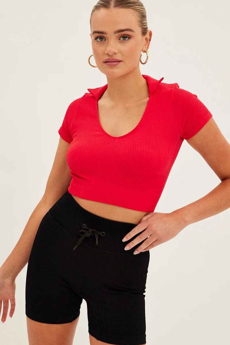 Red Collar Top Short Sleeve Seamless