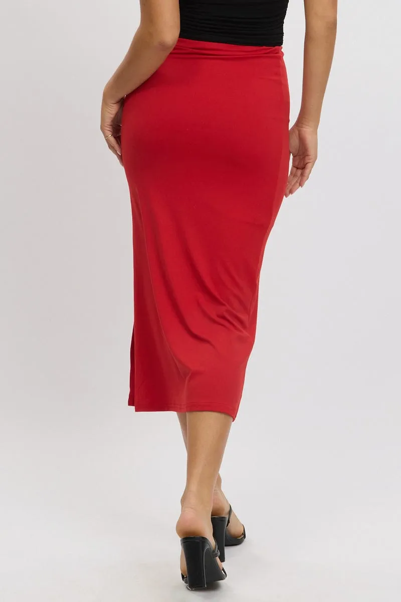 Red Midaxi Skirt High Rise Ruched Lined Supersoft