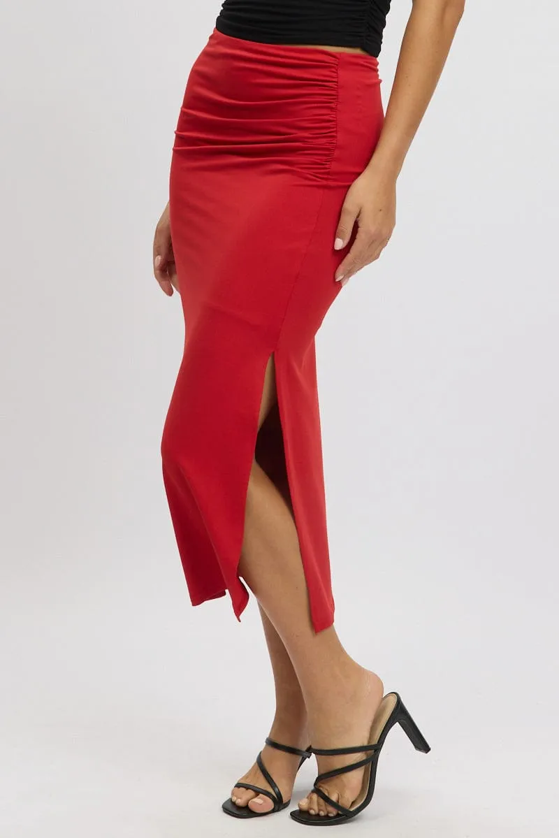 Red Midaxi Skirt High Rise Ruched Lined Supersoft