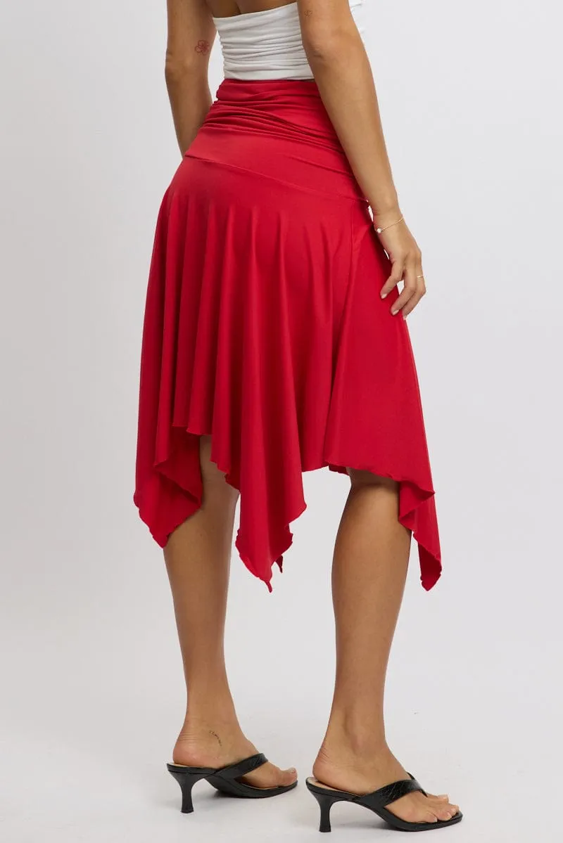 Red Scarf Hem Skirt High Rise Midi Asymm Supersoft
