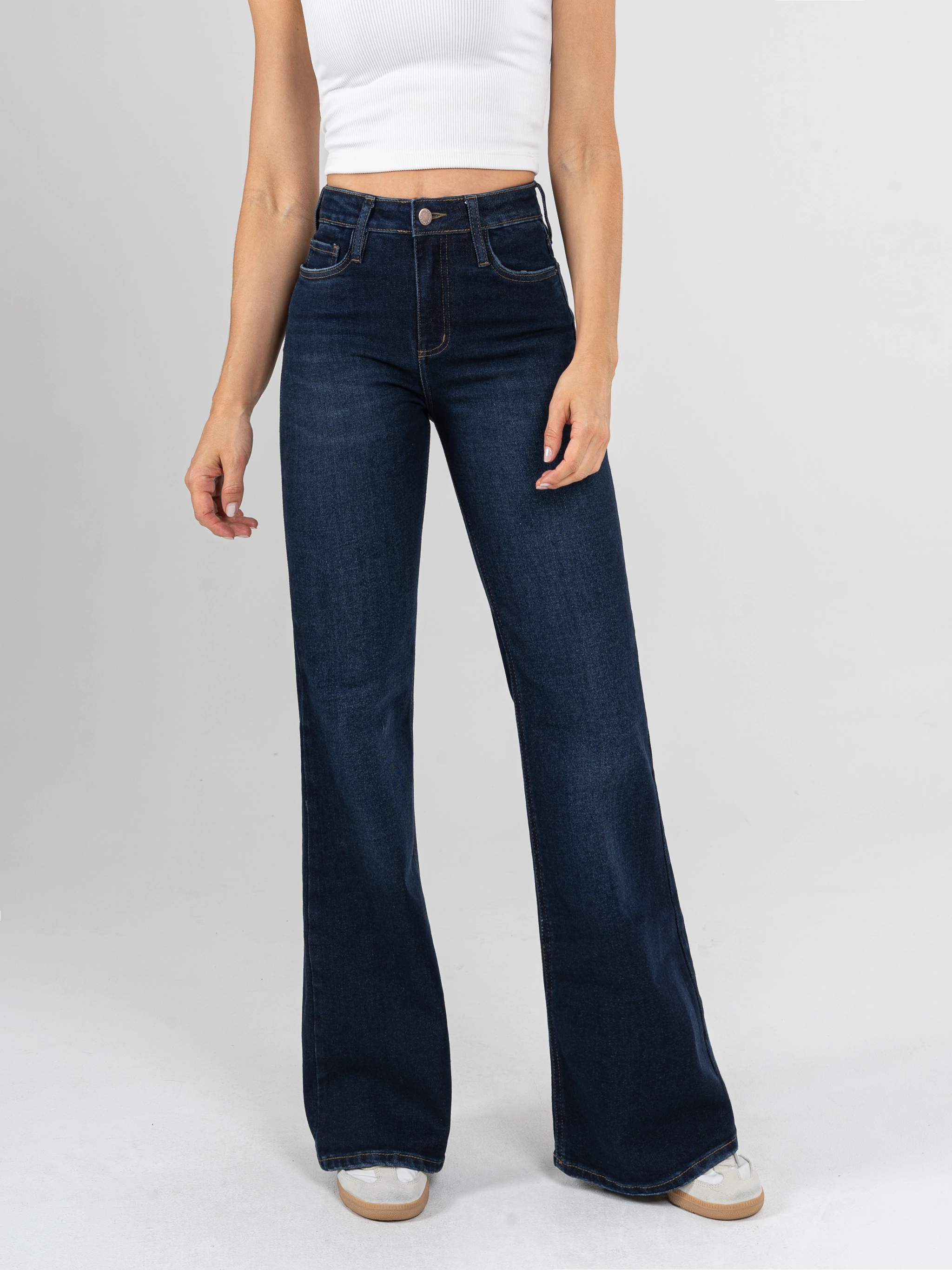 Ref: 065368 Jean flare stretch, bota ancha, tiro alto, tono azul oscuro