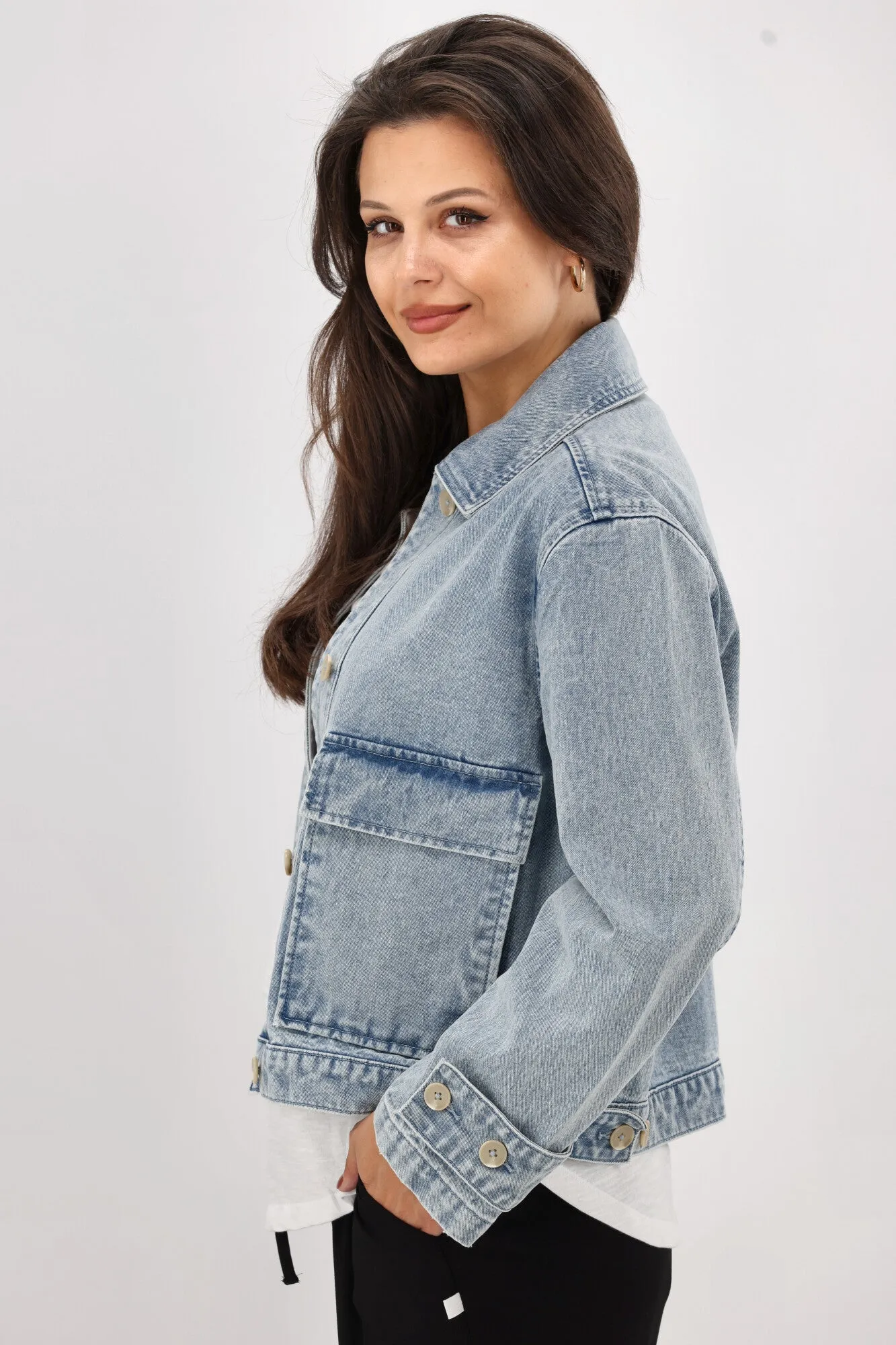 Shine On Label Eclipse Denim Utility Jacket Washed Blue