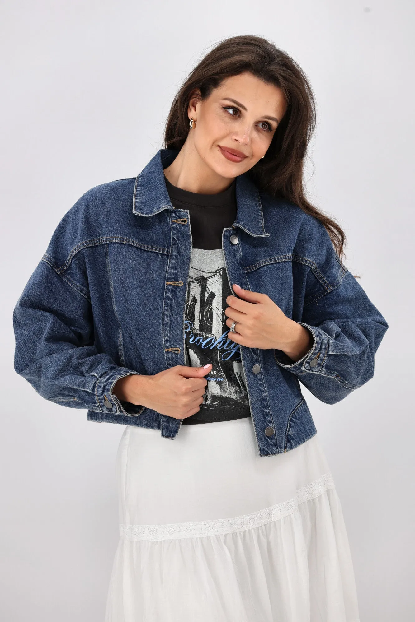 Shine On Label Everlasting Cropped Denim Jacket Vintage Indigo