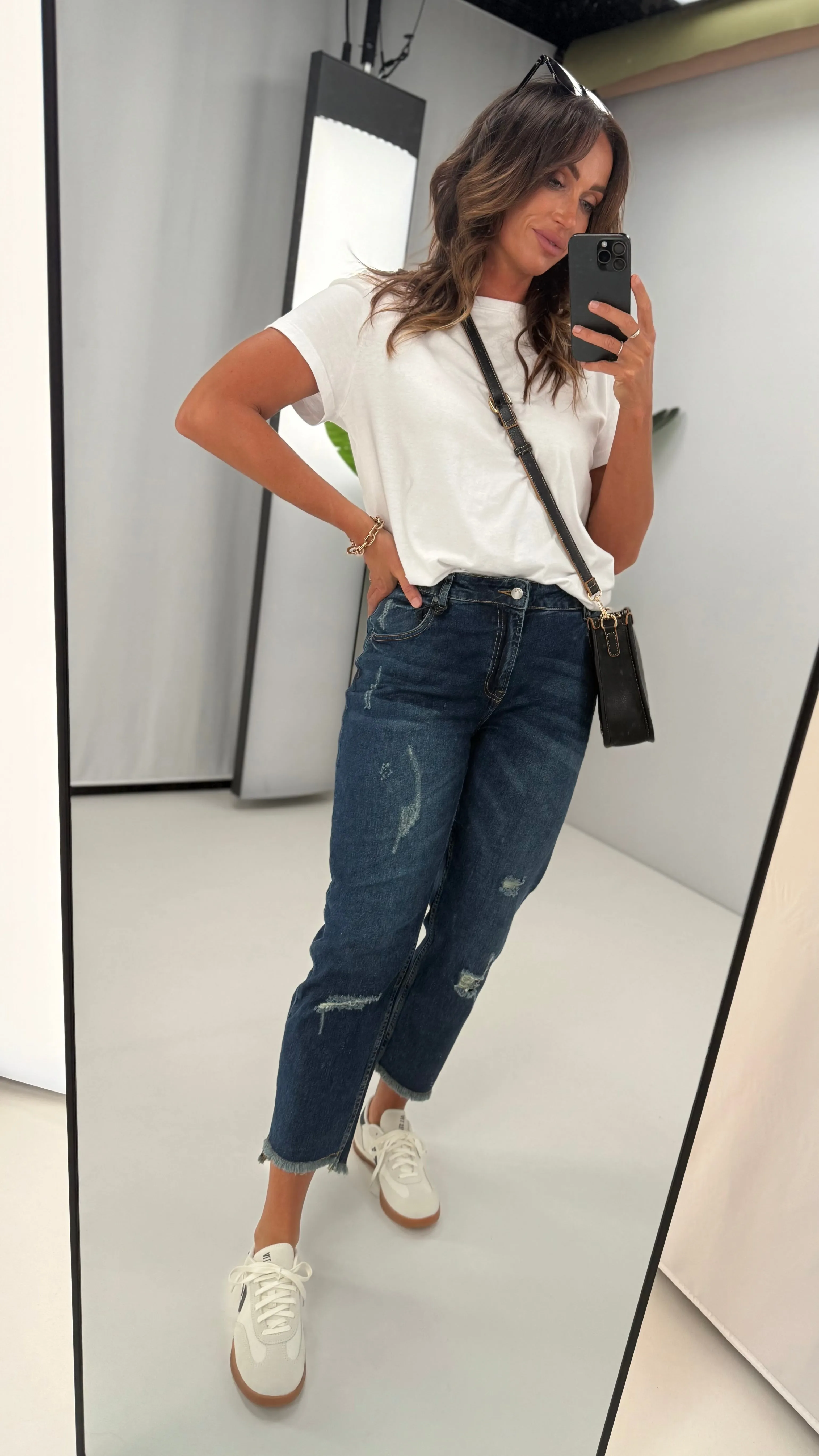 Shine On Label Orlando Boyfriend Distressed Jean Dark Indigo