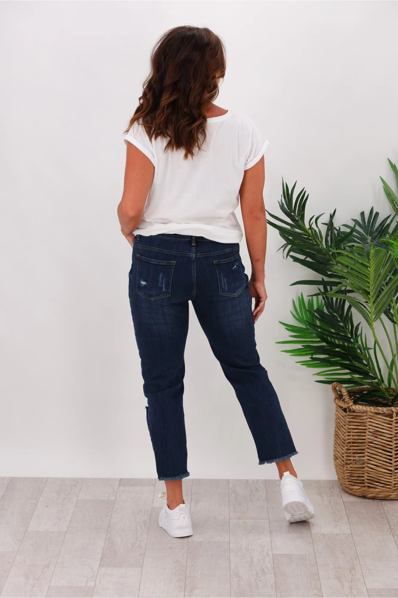 Shine On Label Orlando Boyfriend Distressed Jean Dark Indigo