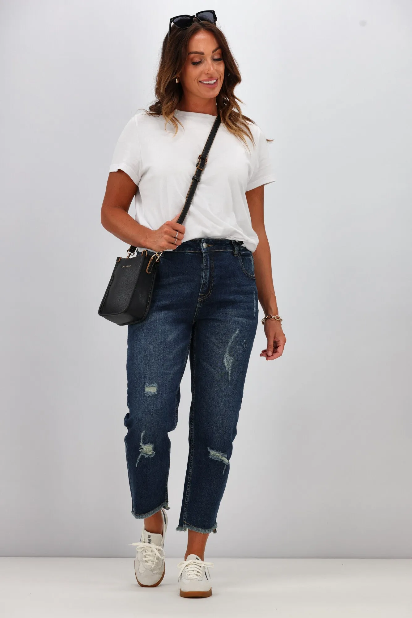 Shine On Label Orlando Boyfriend Distressed Jean Dark Indigo