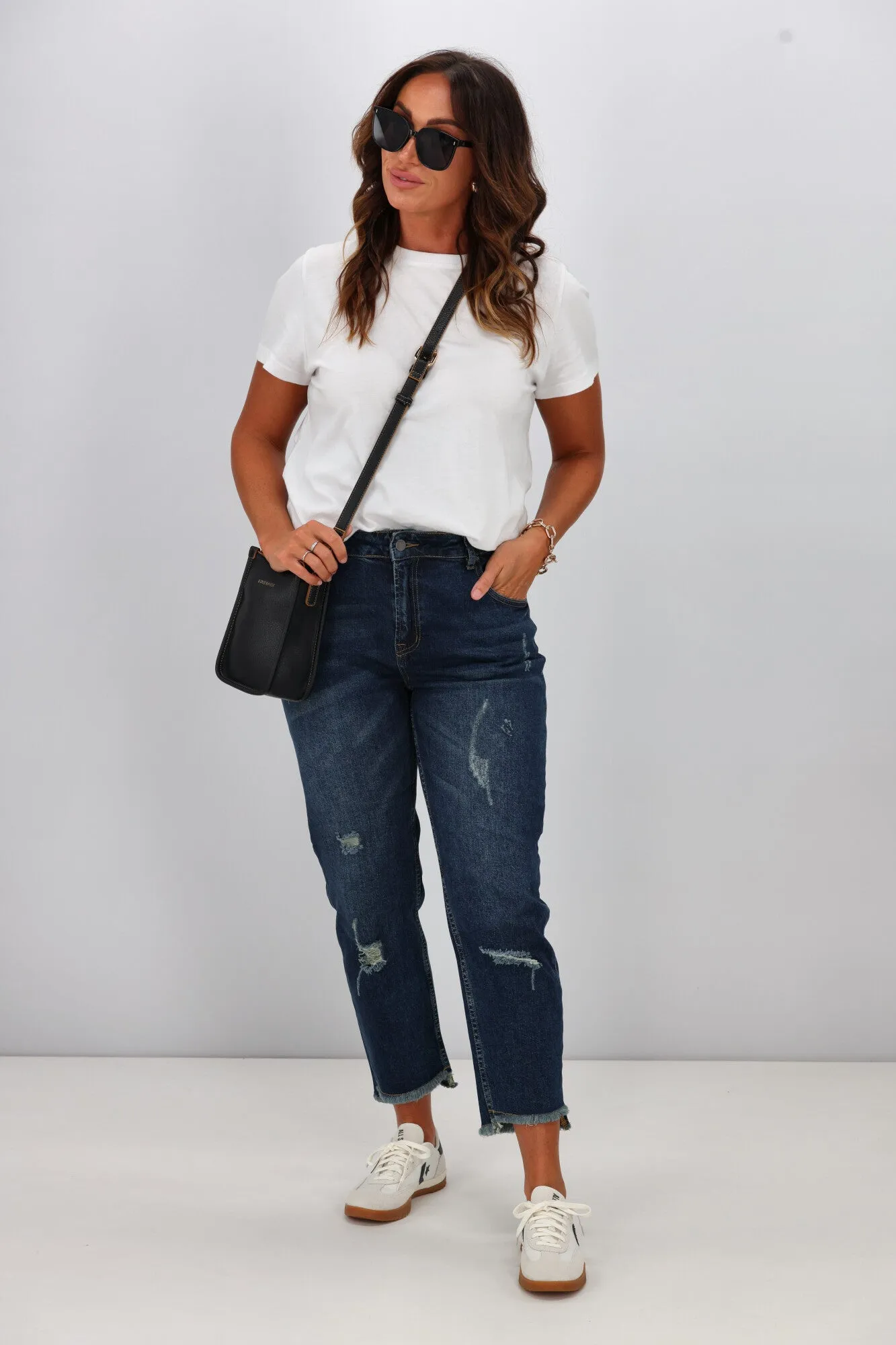Shine On Label Orlando Boyfriend Distressed Jean Dark Indigo