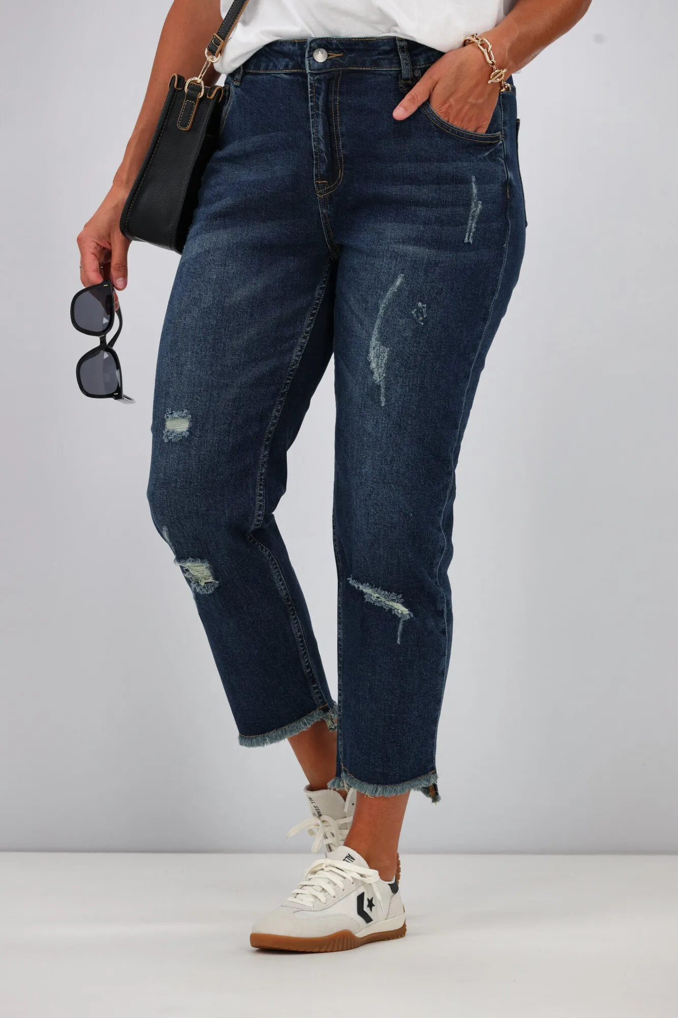 Shine On Label Orlando Boyfriend Distressed Jean Dark Indigo