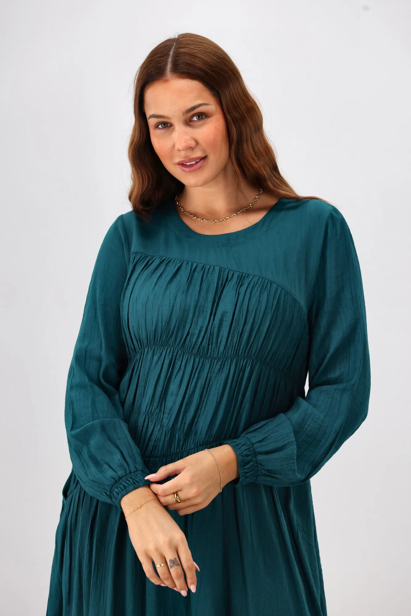 Shine On Label Paige Shirred Detail Dress Teal