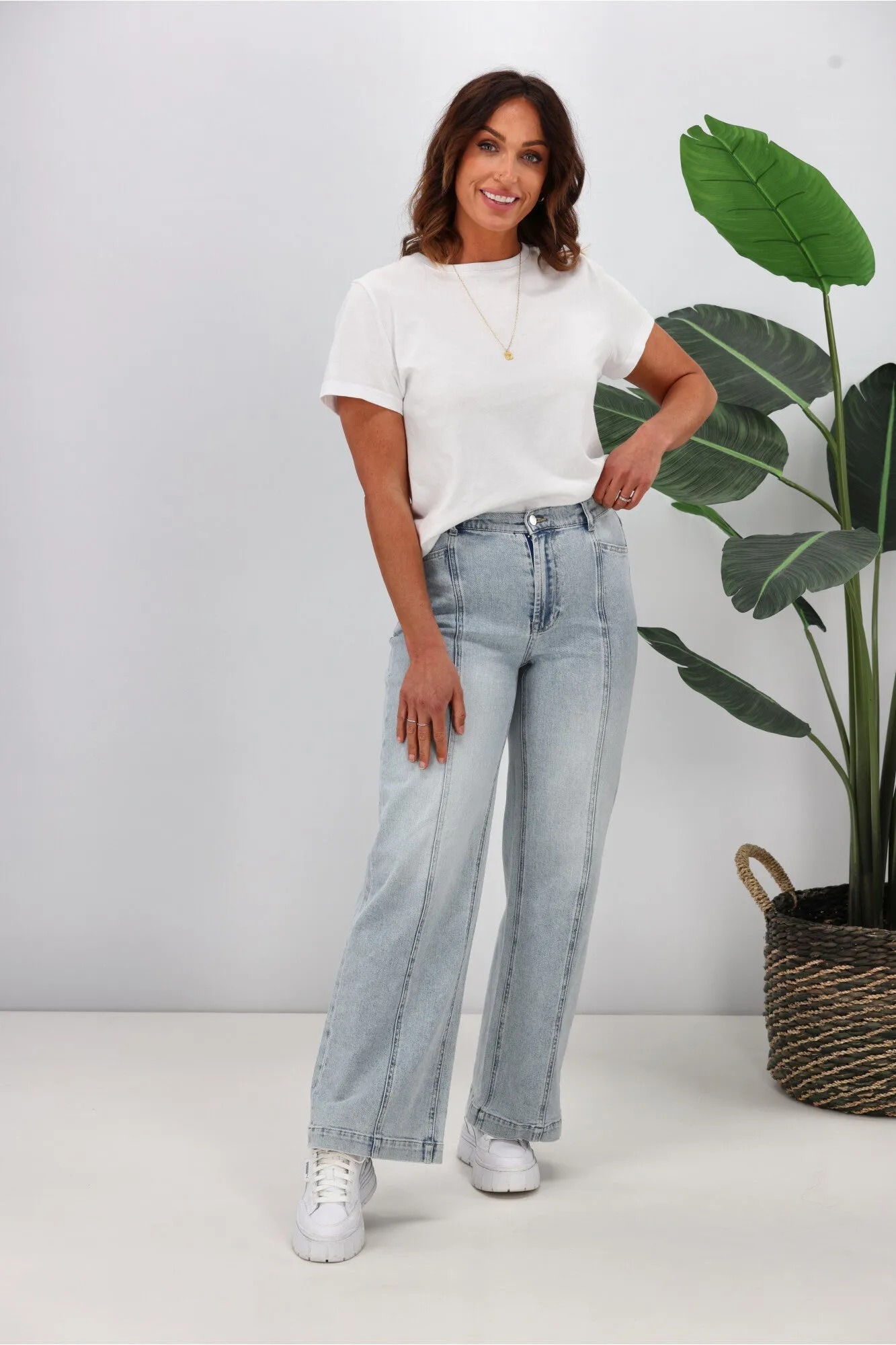 Shine On Label Phoenix Wide Leg Panel Jean Washed Blue