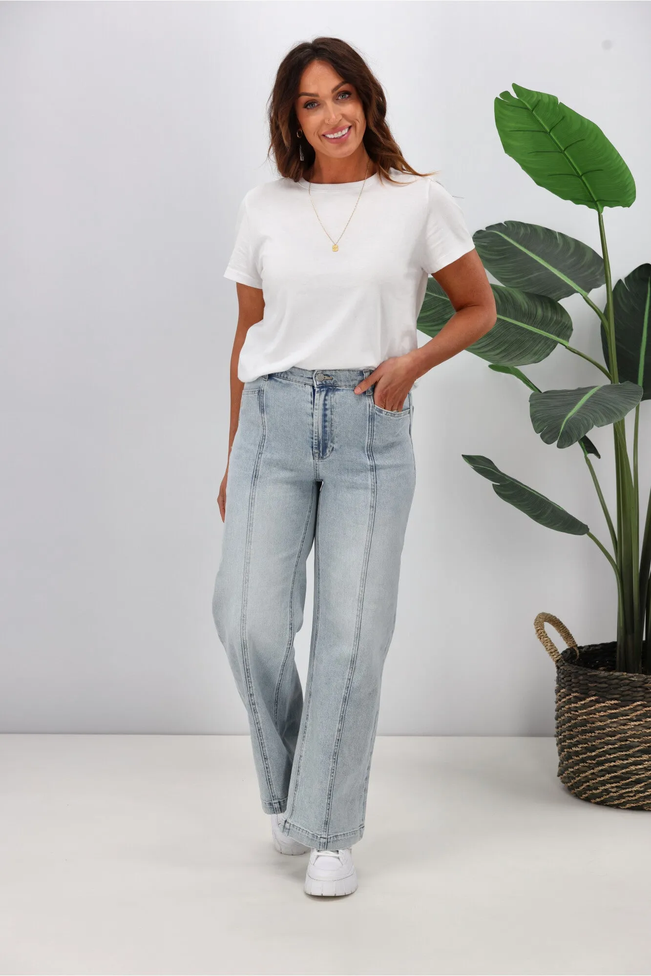 Shine On Label Phoenix Wide Leg Panel Jean Washed Blue