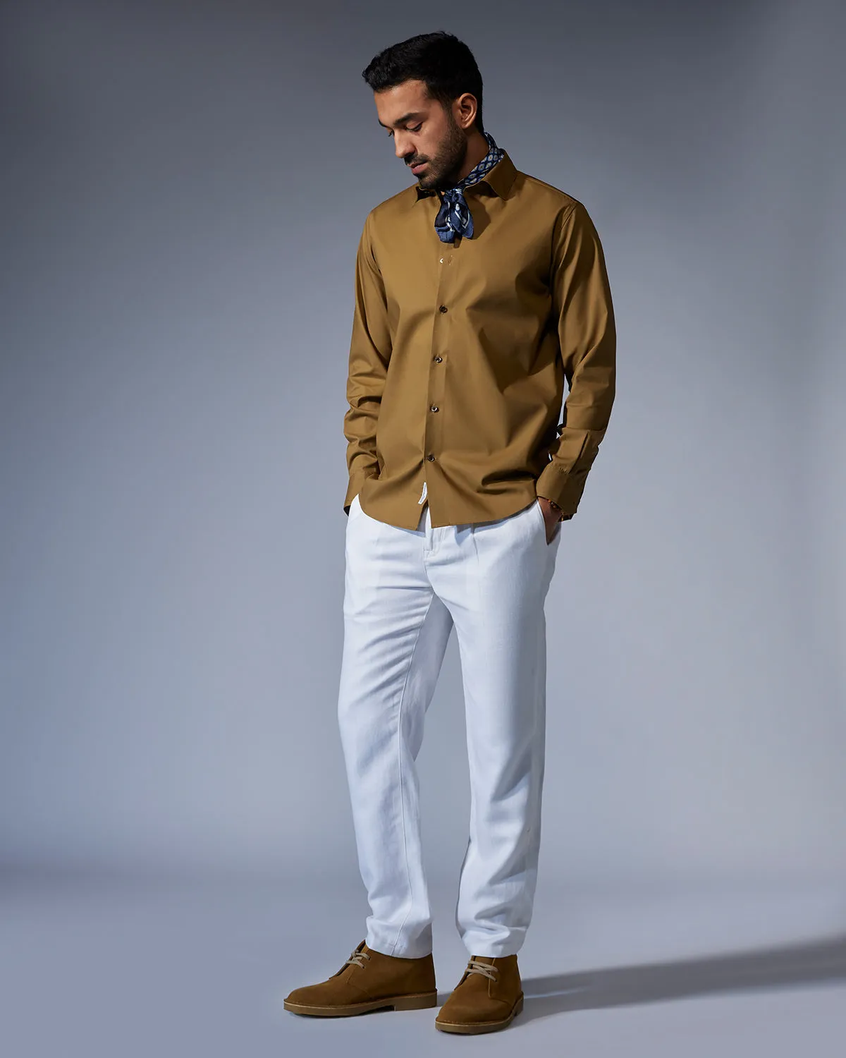 Stretch Self-Checked Slubby Shirt - Olive