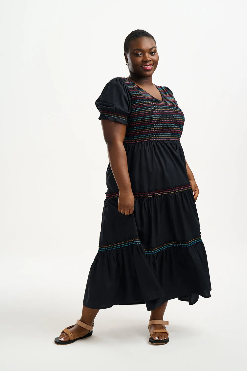 Sugarhill Harley Midi Shirred V-Neck Dress Rainbow Shirring Black