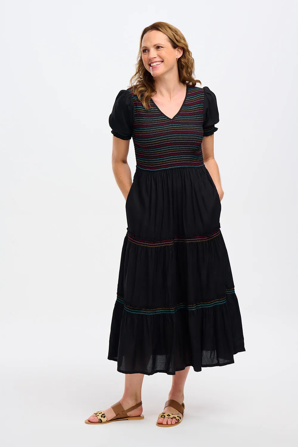 Sugarhill Harley Midi Shirred V-Neck Dress Rainbow Shirring Black