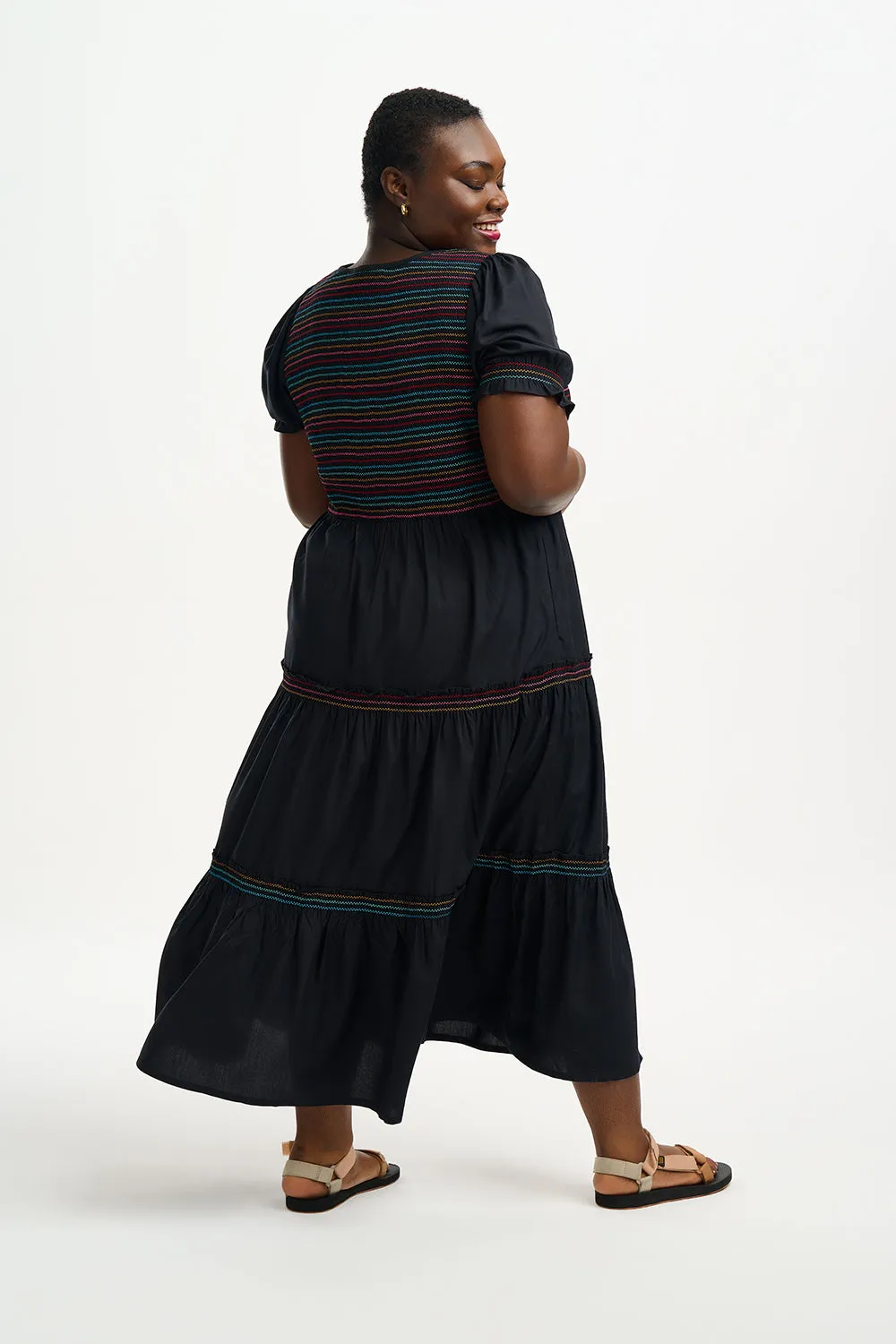 Sugarhill Harley Midi Shirred V-Neck Dress Rainbow Shirring Black