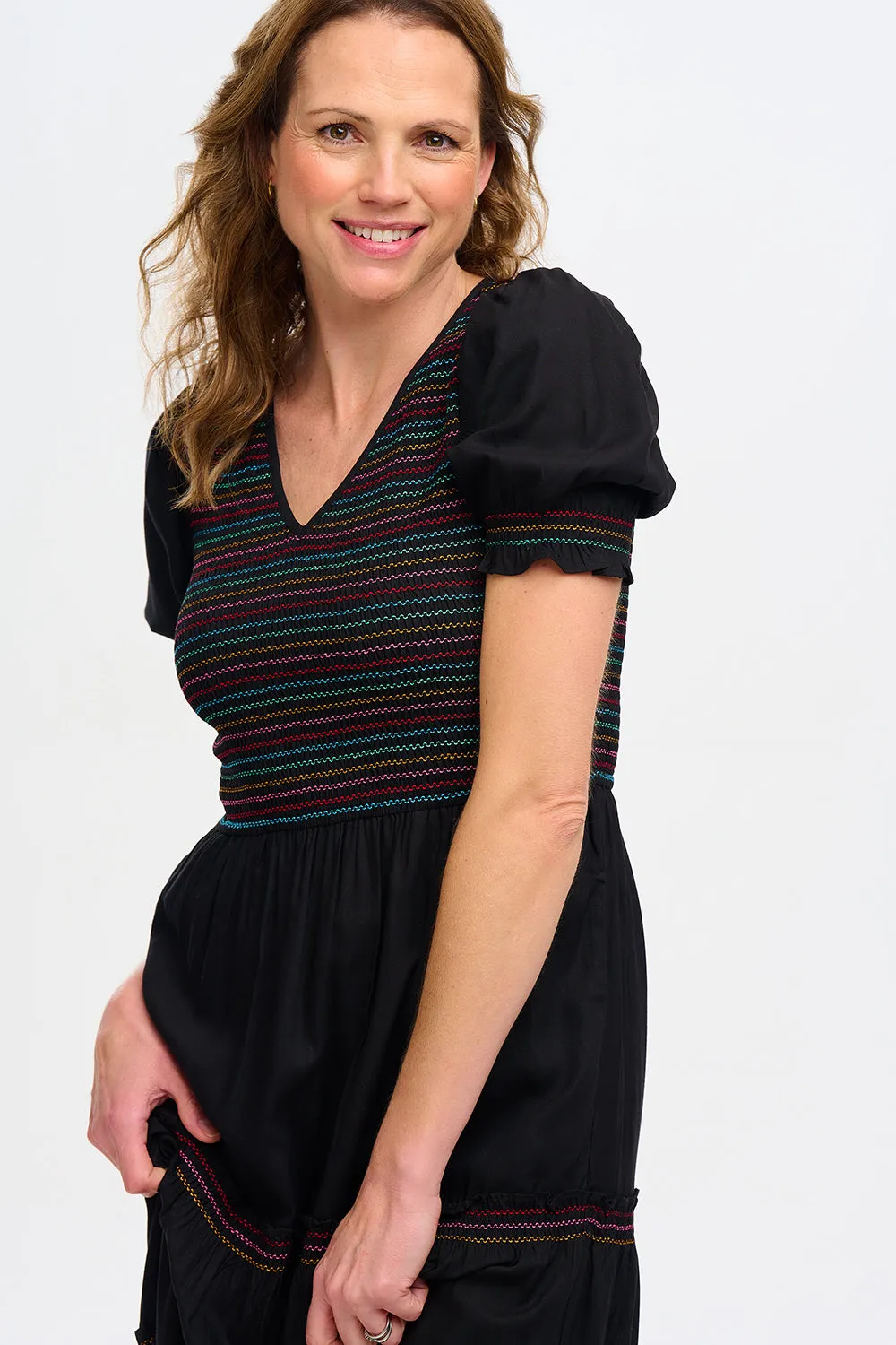 Sugarhill Harley Midi Shirred V-Neck Dress Rainbow Shirring Black