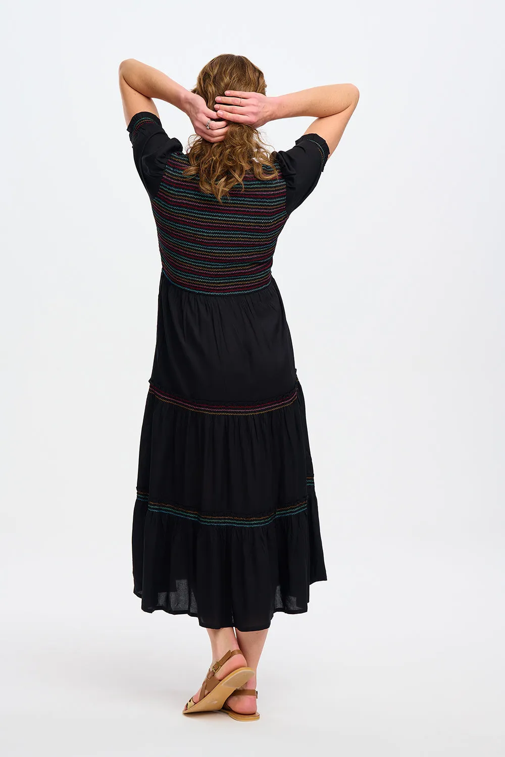 Sugarhill Harley Midi Shirred V-Neck Dress Rainbow Shirring Black