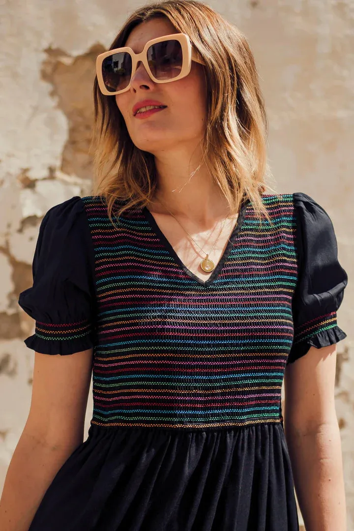 Sugarhill Harley Midi Shirred V-Neck Dress Rainbow Shirring Black
