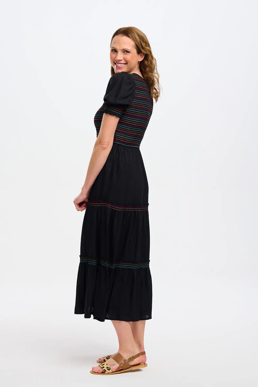 Sugarhill Harley Midi Shirred V-Neck Dress Rainbow Shirring Black