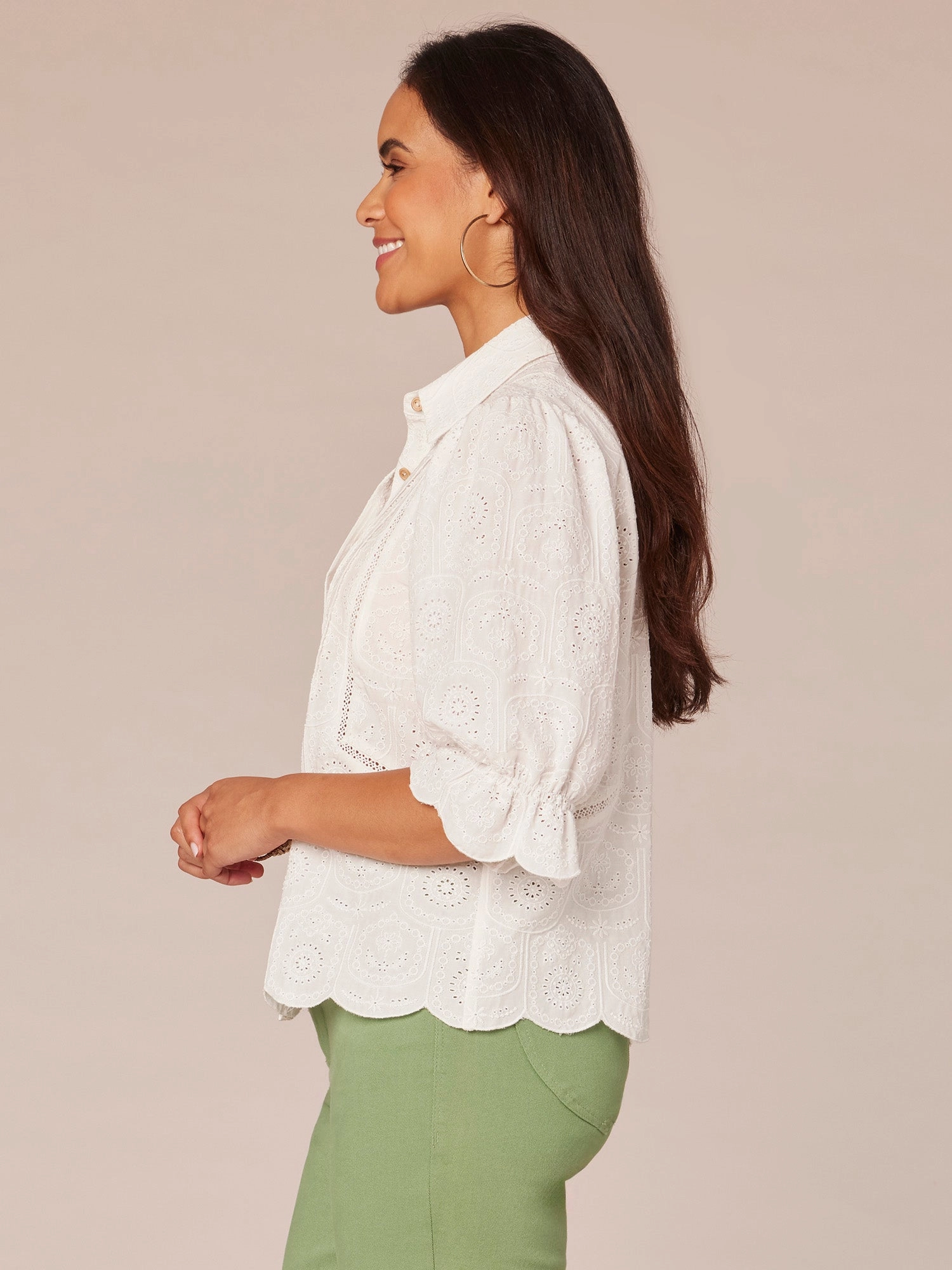 Three Quarter Sleeve Button Down Crochet Inset Petite Woven Top