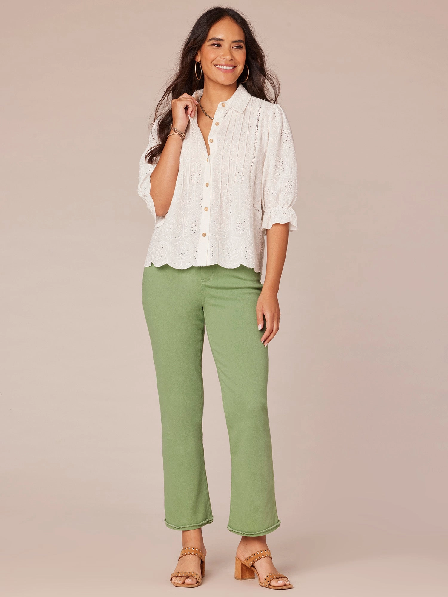 Three Quarter Sleeve Button Down Crochet Inset Petite Woven Top