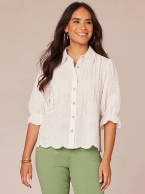 Three Quarter Sleeve Button Down Crochet Inset Petite Woven Top