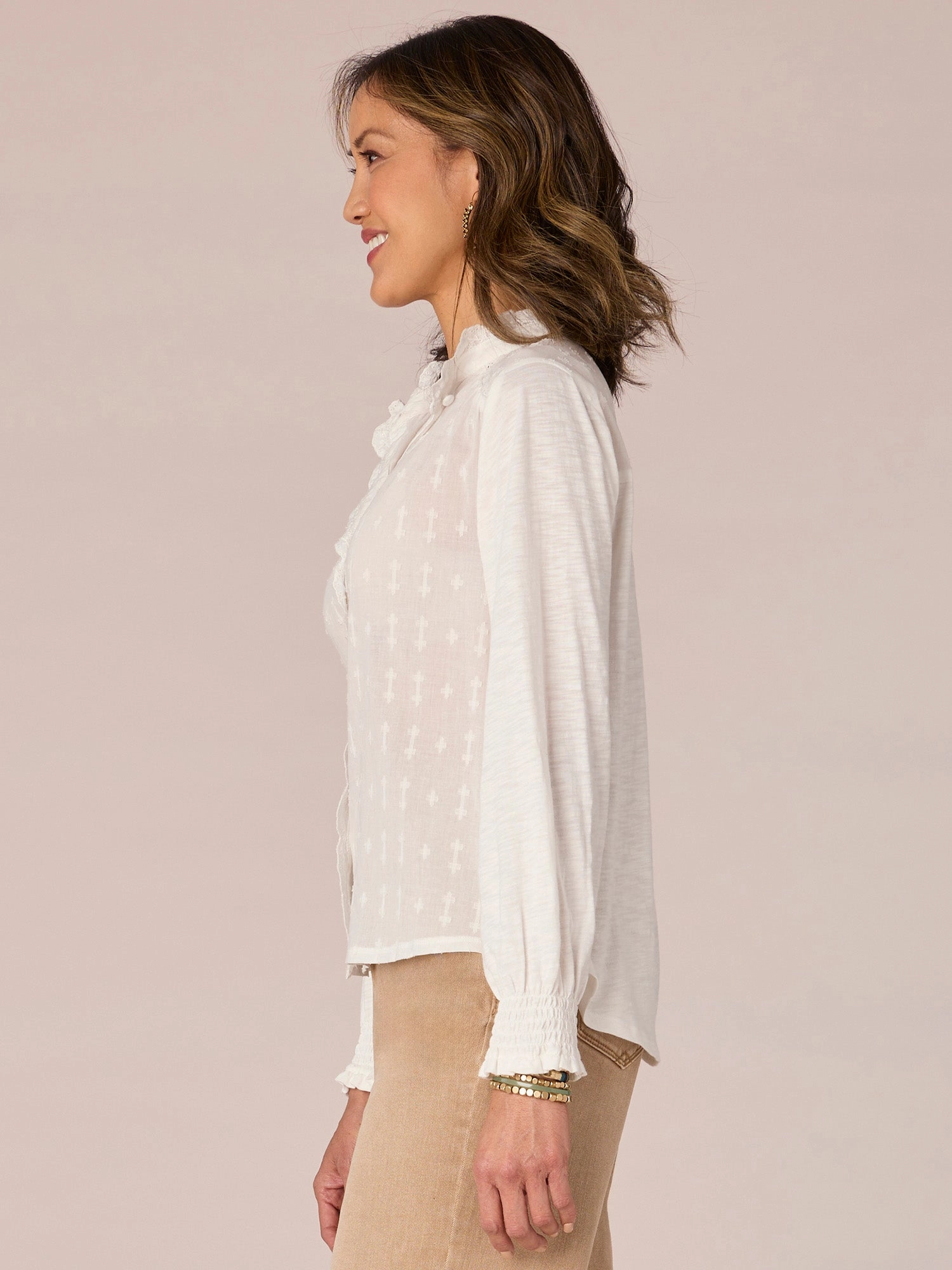 Three Quarter Sleeve Cascading Ruffle Edge Button Down Petite Shirt