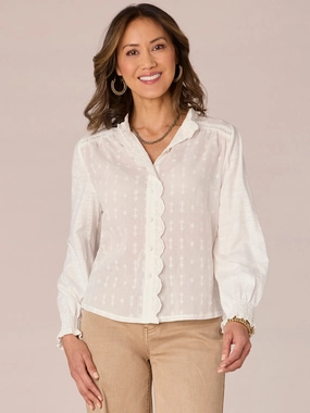 Three Quarter Sleeve Cascading Ruffle Edge Button Down Petite Shirt