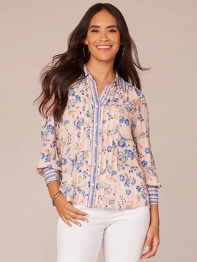 Three Quarter Sleeve Collared Button Down Printed Petite Woven Shirt