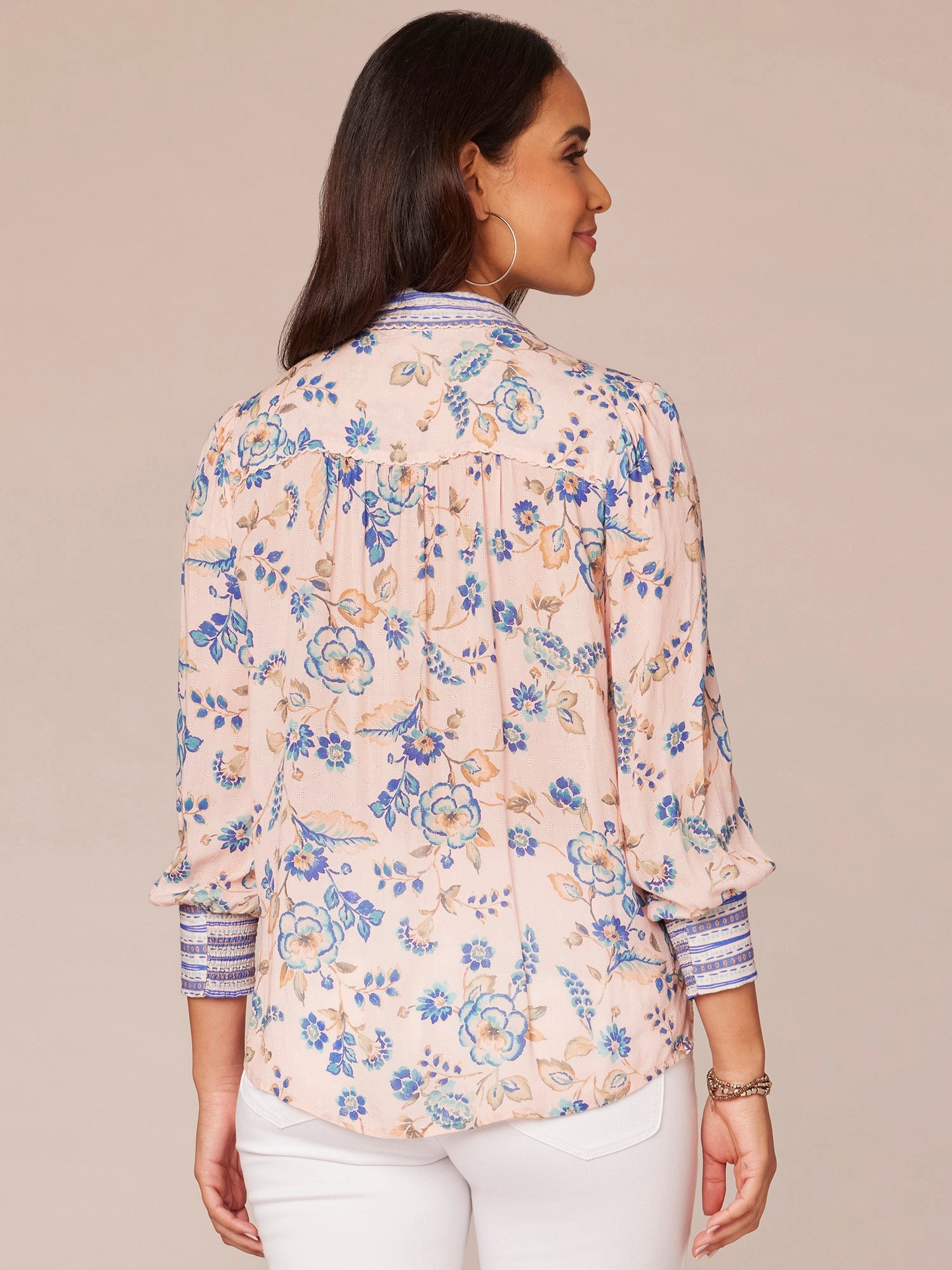 Three Quarter Sleeve Collared Button Down Printed Petite Woven Shirt