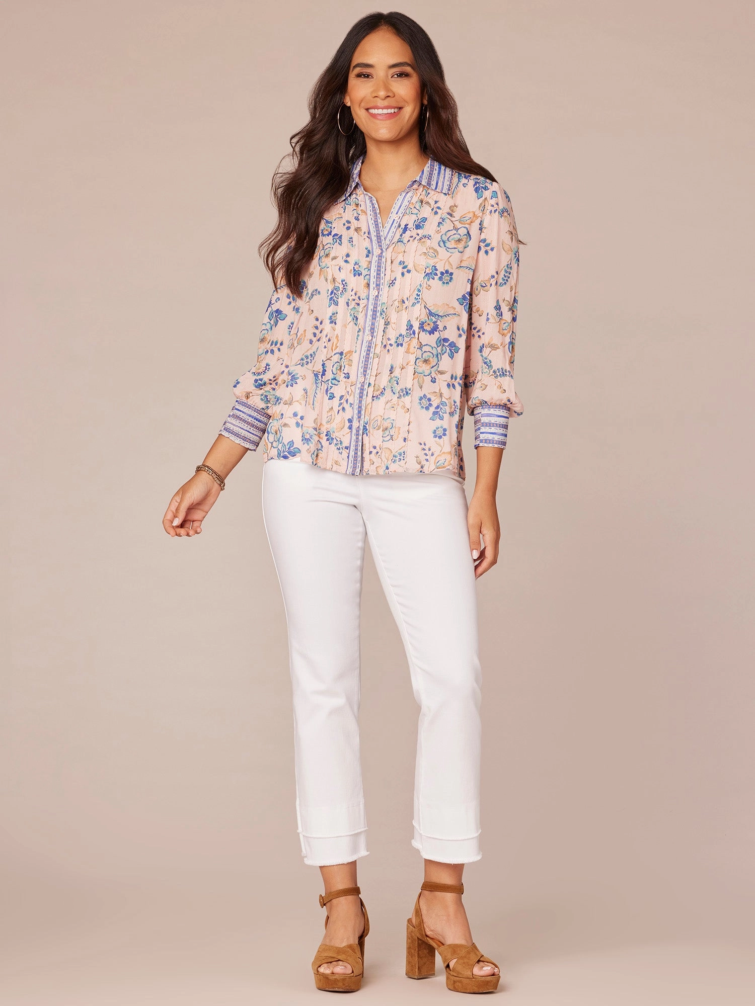 Three Quarter Sleeve Collared Button Down Printed Petite Woven Shirt