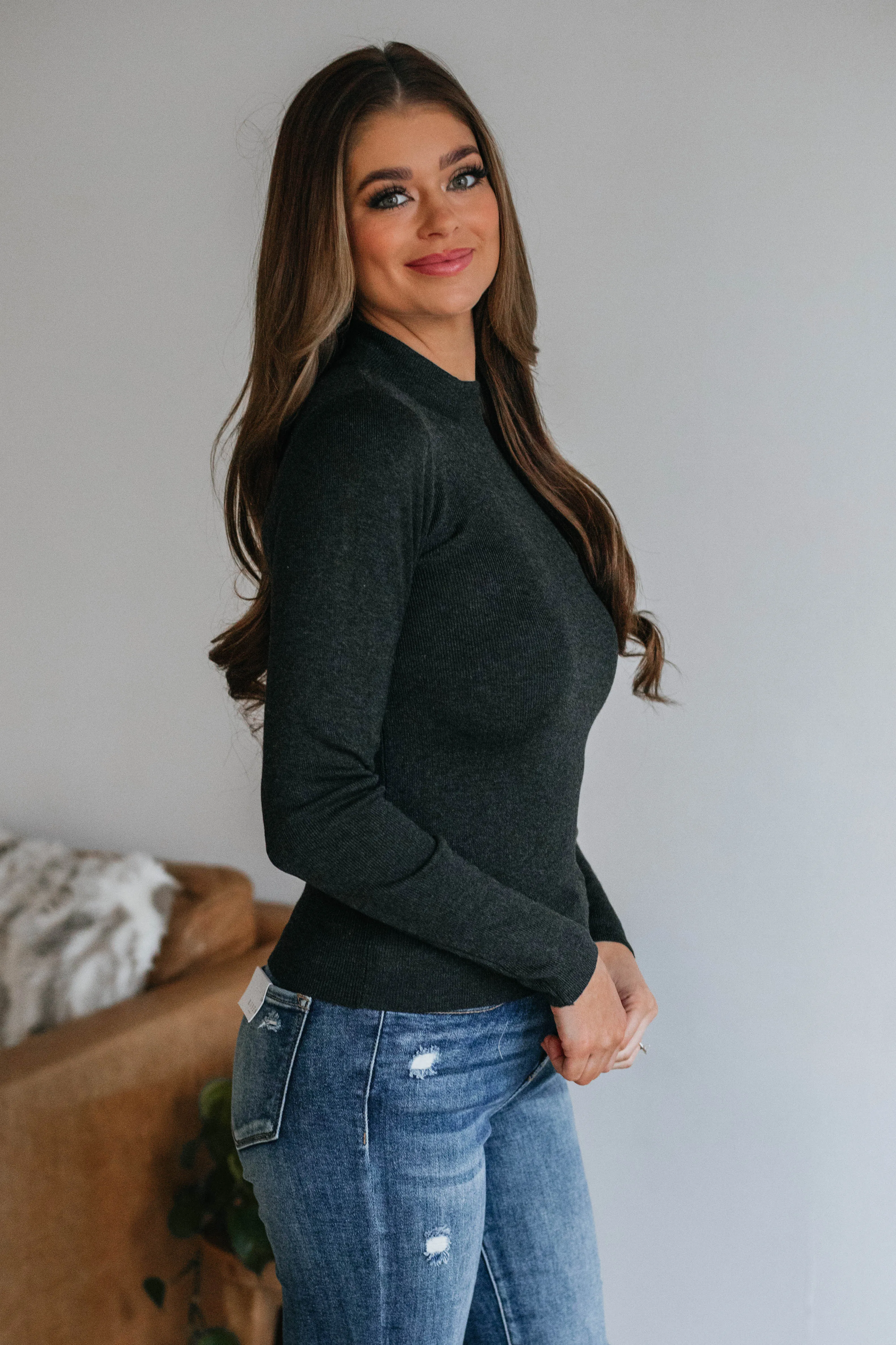 Trey Mock Neck Top - Charcoal