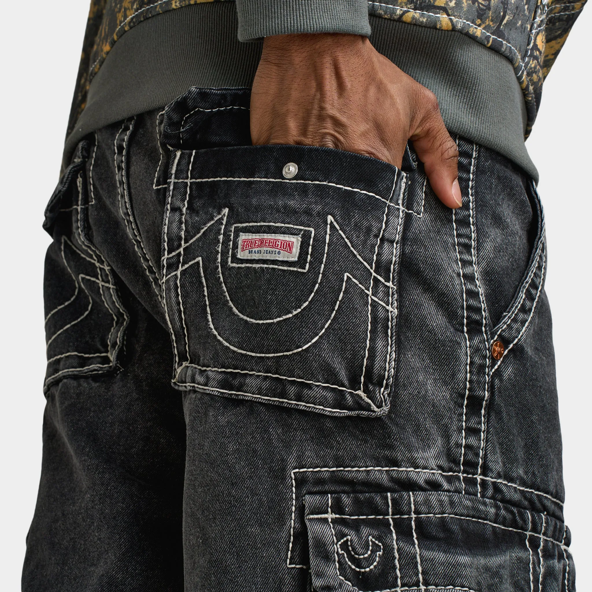 True Religion Big T Vinny Cargo Denim Shorts / Bullet Black Wash