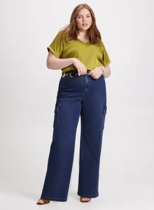 V-neck Satin Blouse & Cargo Jeans