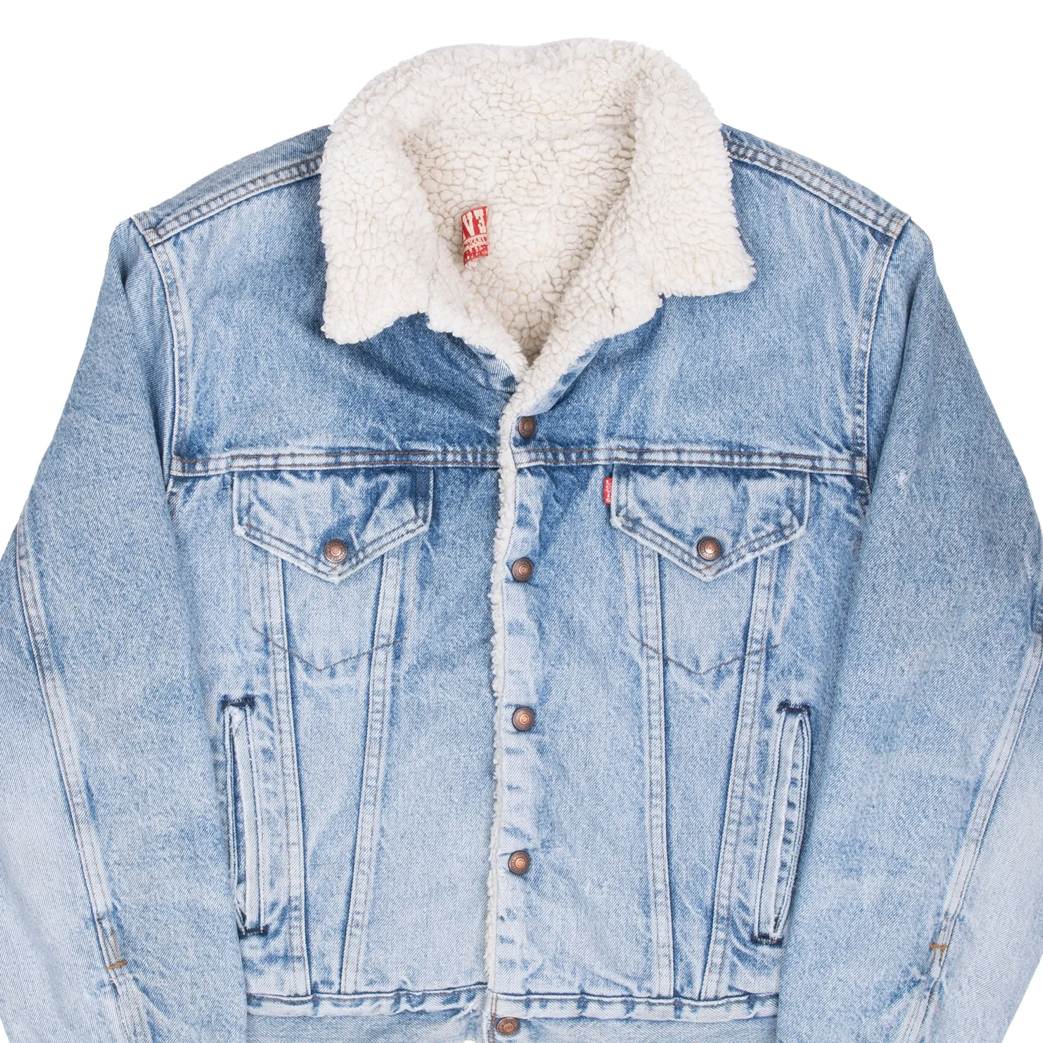 VINTAGE LEVIS SHERPA TRUCKER BLUE DENIM JACKET 1980S SIZE 46R MADE IN USA