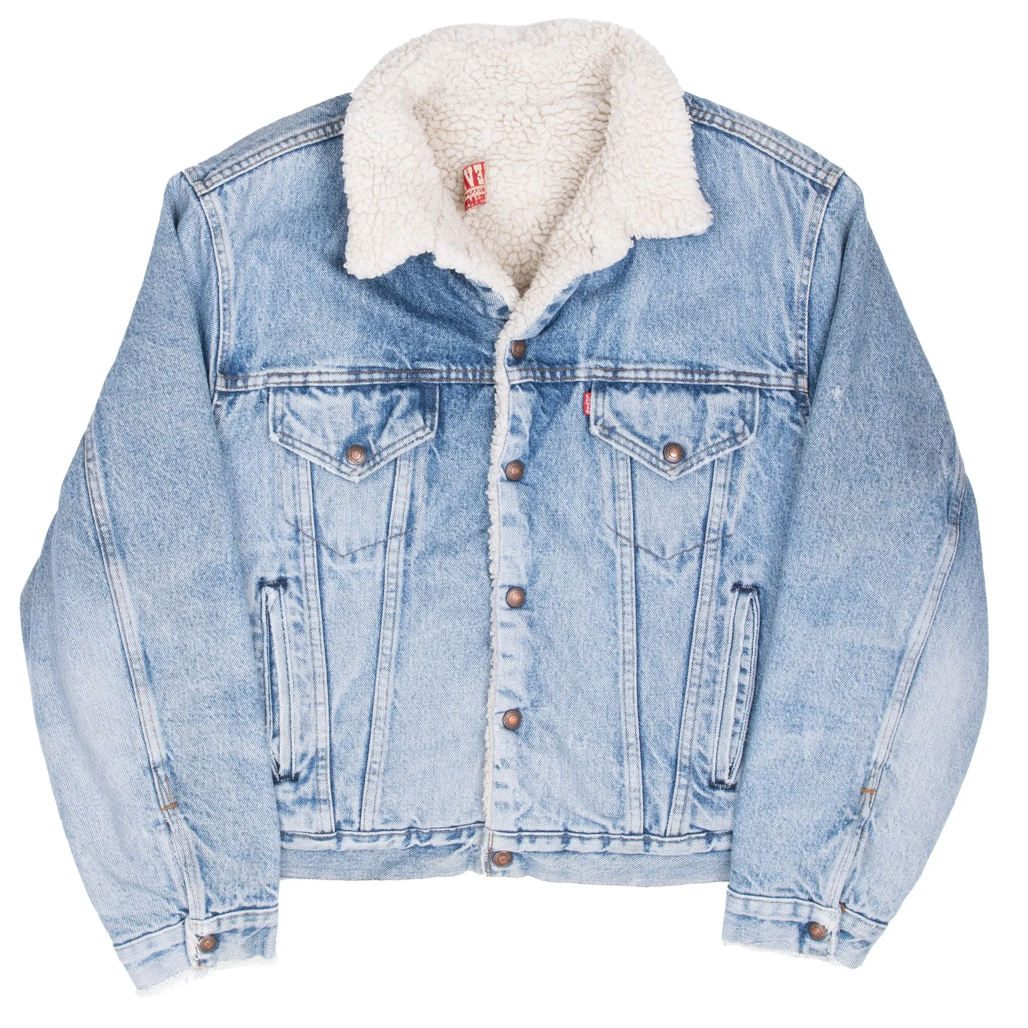 VINTAGE LEVIS SHERPA TRUCKER BLUE DENIM JACKET 1980S SIZE 46R MADE IN USA