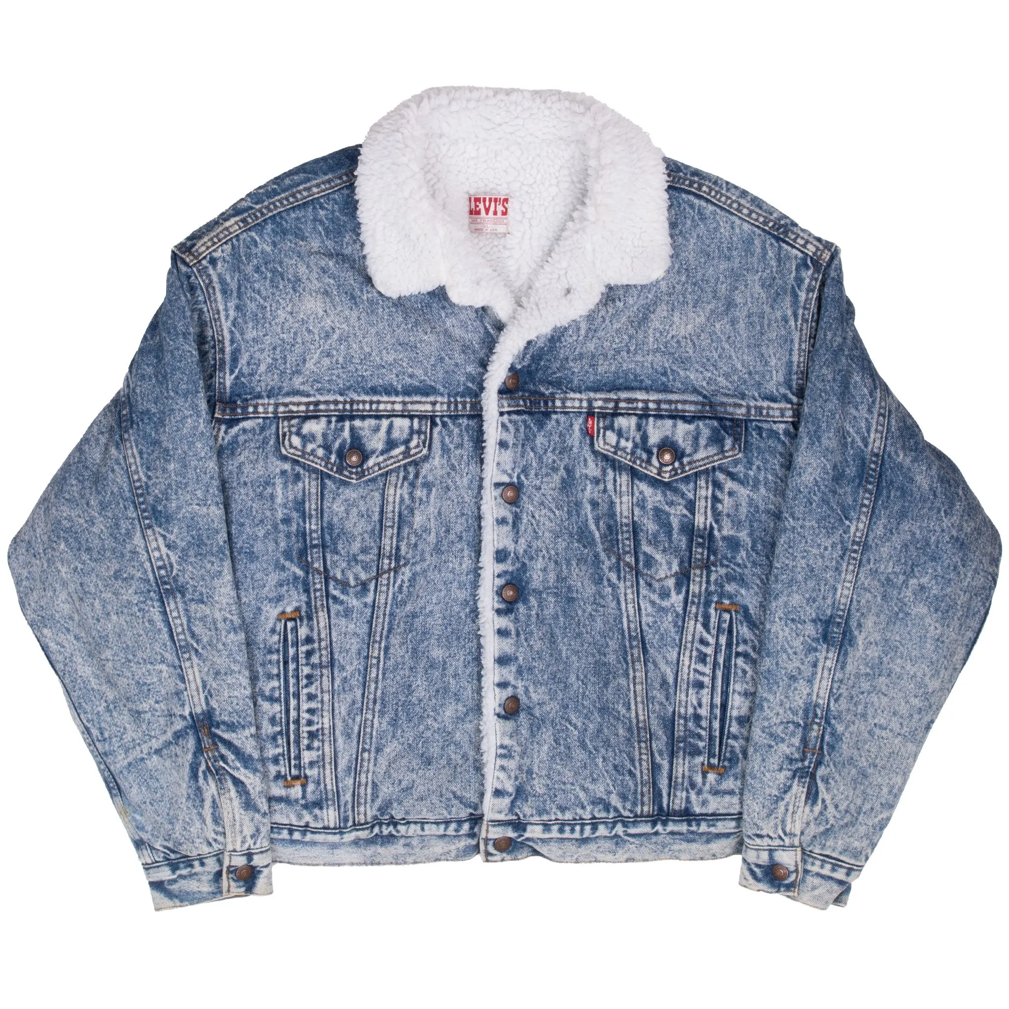 VINTAGE LEVIS SHERPA TRUCKER BLUE DENIM JACKET 1980S XL MADE IN USA