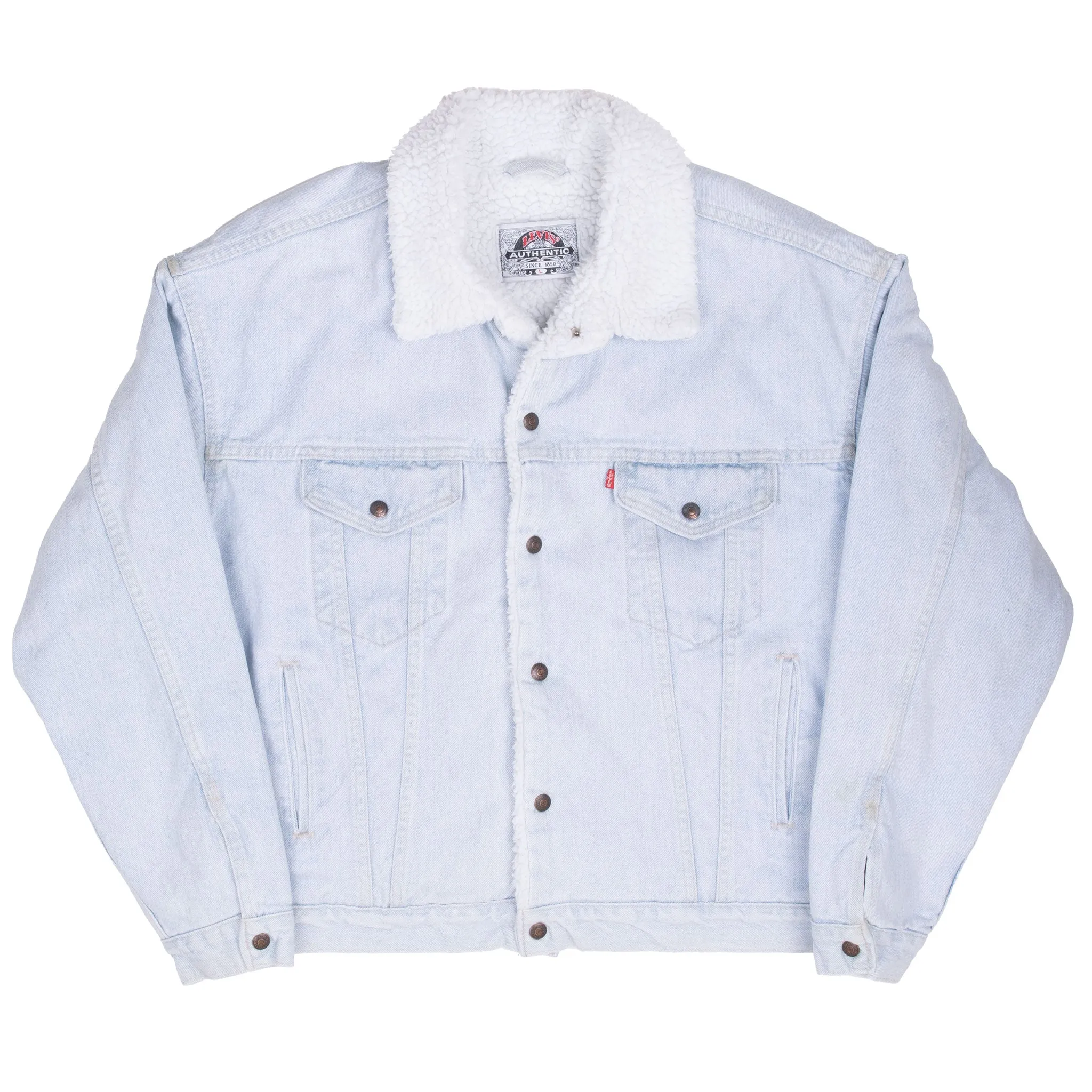 VINTAGE LEVIS SHERPA TRUCKER BLUE LIGHT WASH DENIM JACKET 1980S LARGE MADE USA