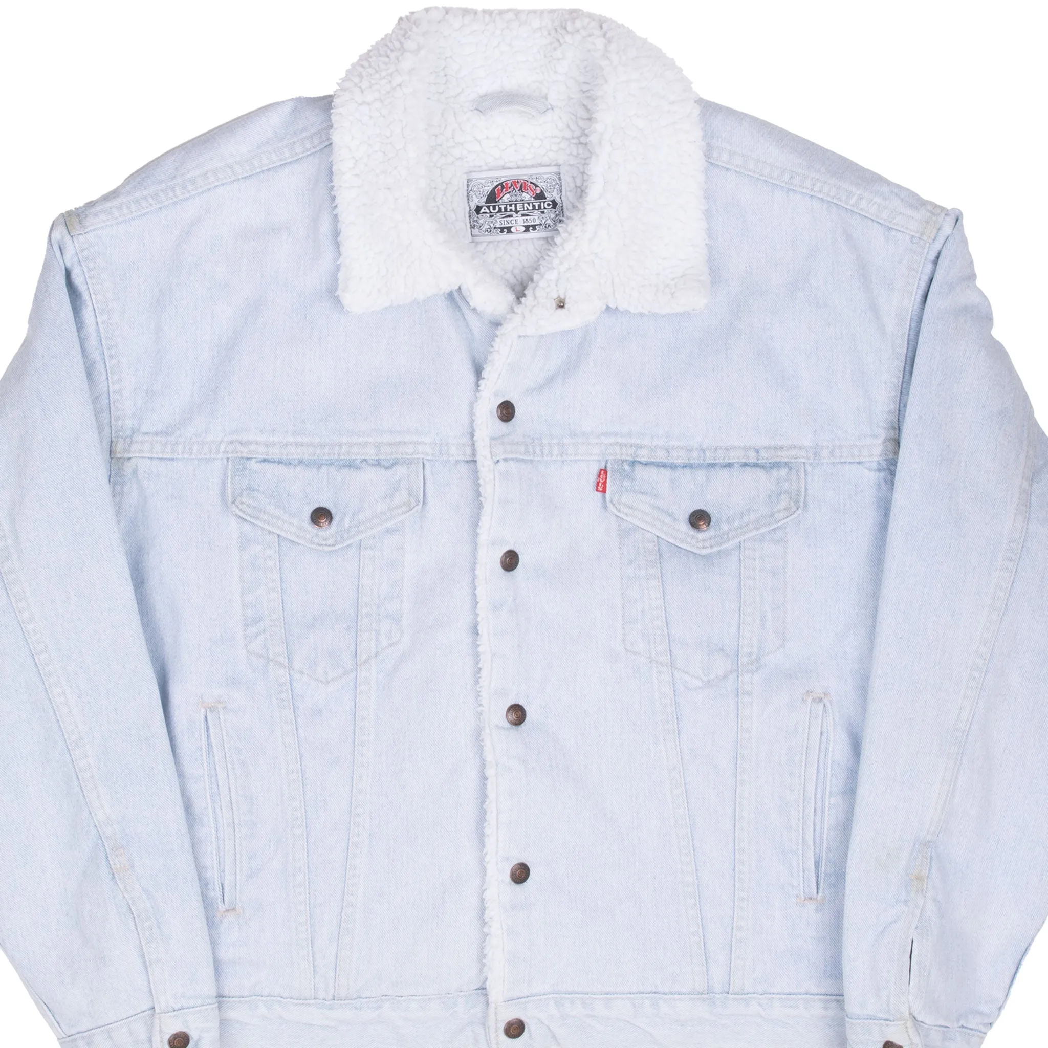 VINTAGE LEVIS SHERPA TRUCKER BLUE LIGHT WASH DENIM JACKET 1980S LARGE MADE USA