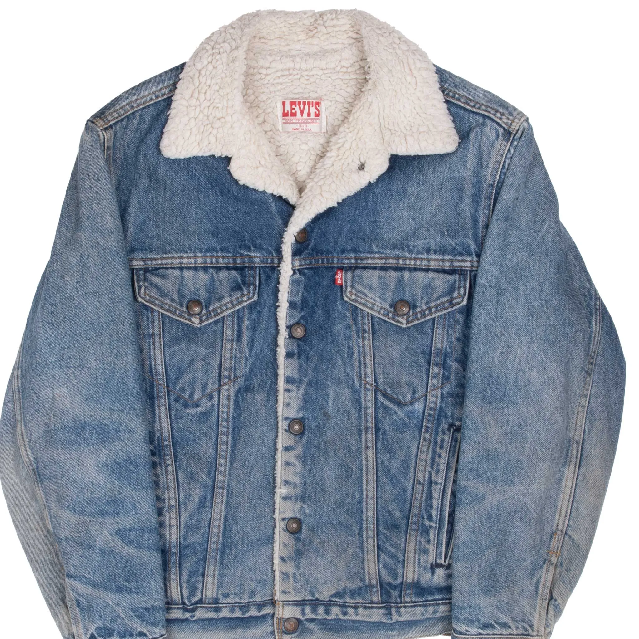VINTAGE LEVIS SHERPA TRUCKER DENIM JACKET 1980S SIZE 34R XS MADE IN USA