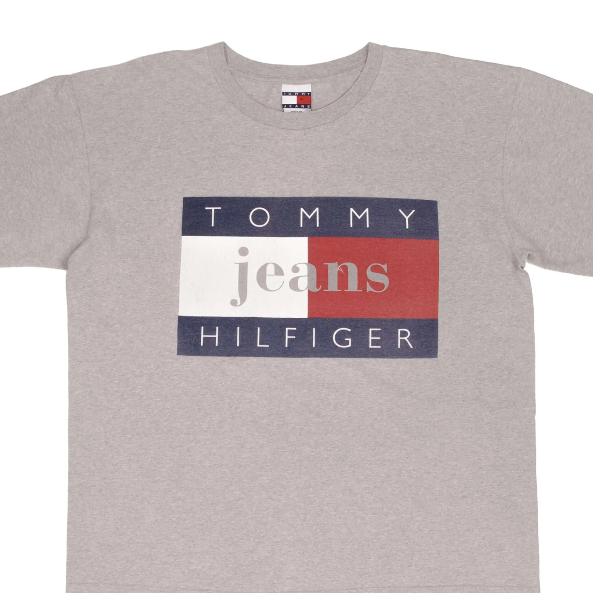 VINTAGE TOMMY JEANS HILFIGER SPELLOUT GREY TEE SHIRT 1990S SIZE LARGE MADE USA