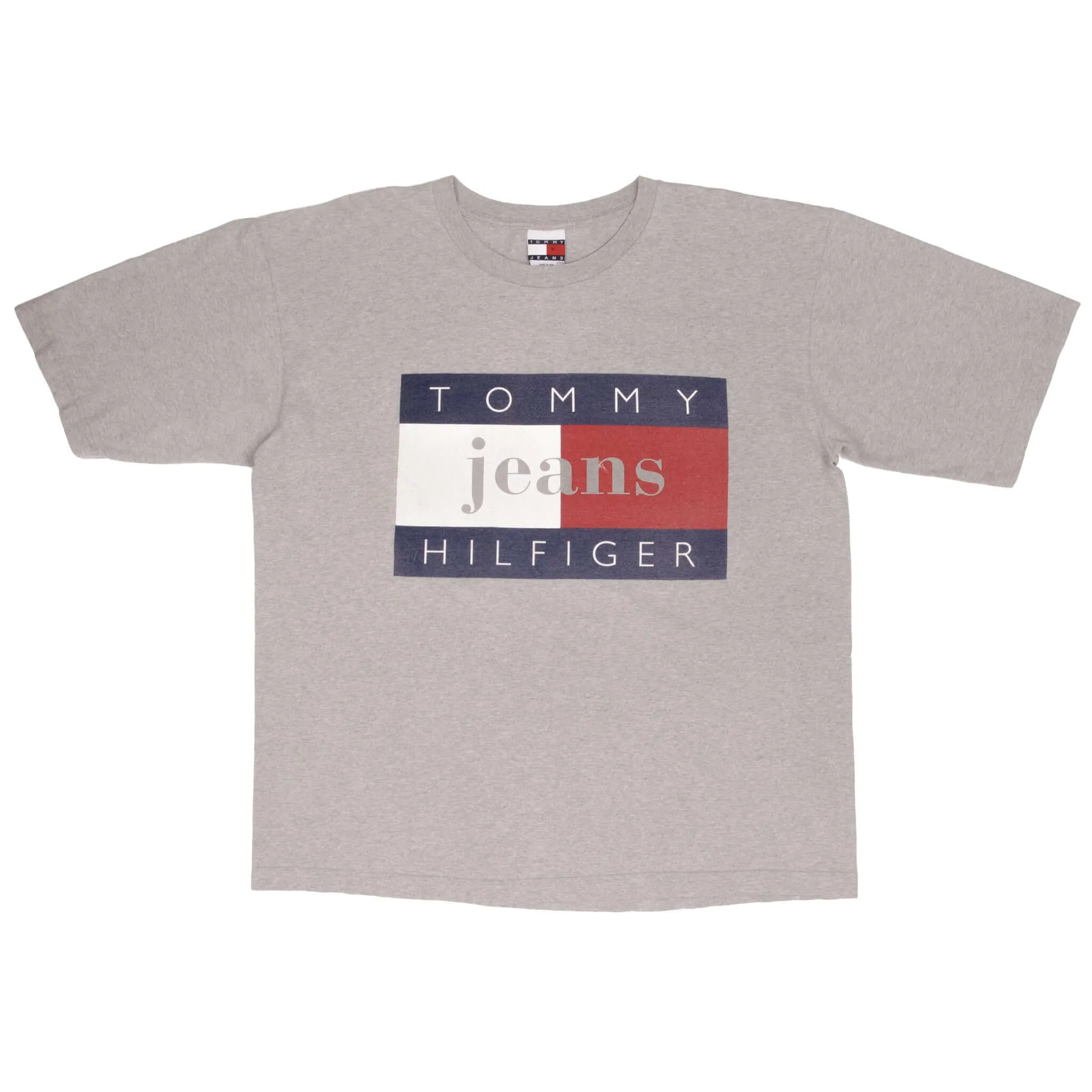 VINTAGE TOMMY JEANS HILFIGER SPELLOUT GREY TEE SHIRT 1990S SIZE LARGE MADE USA