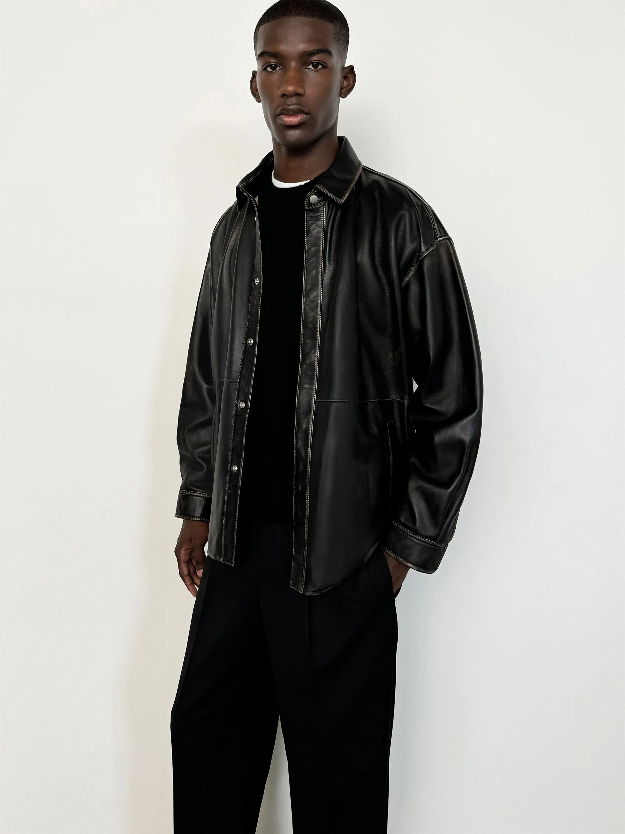 Washed Leather Shirt -- Black Washed