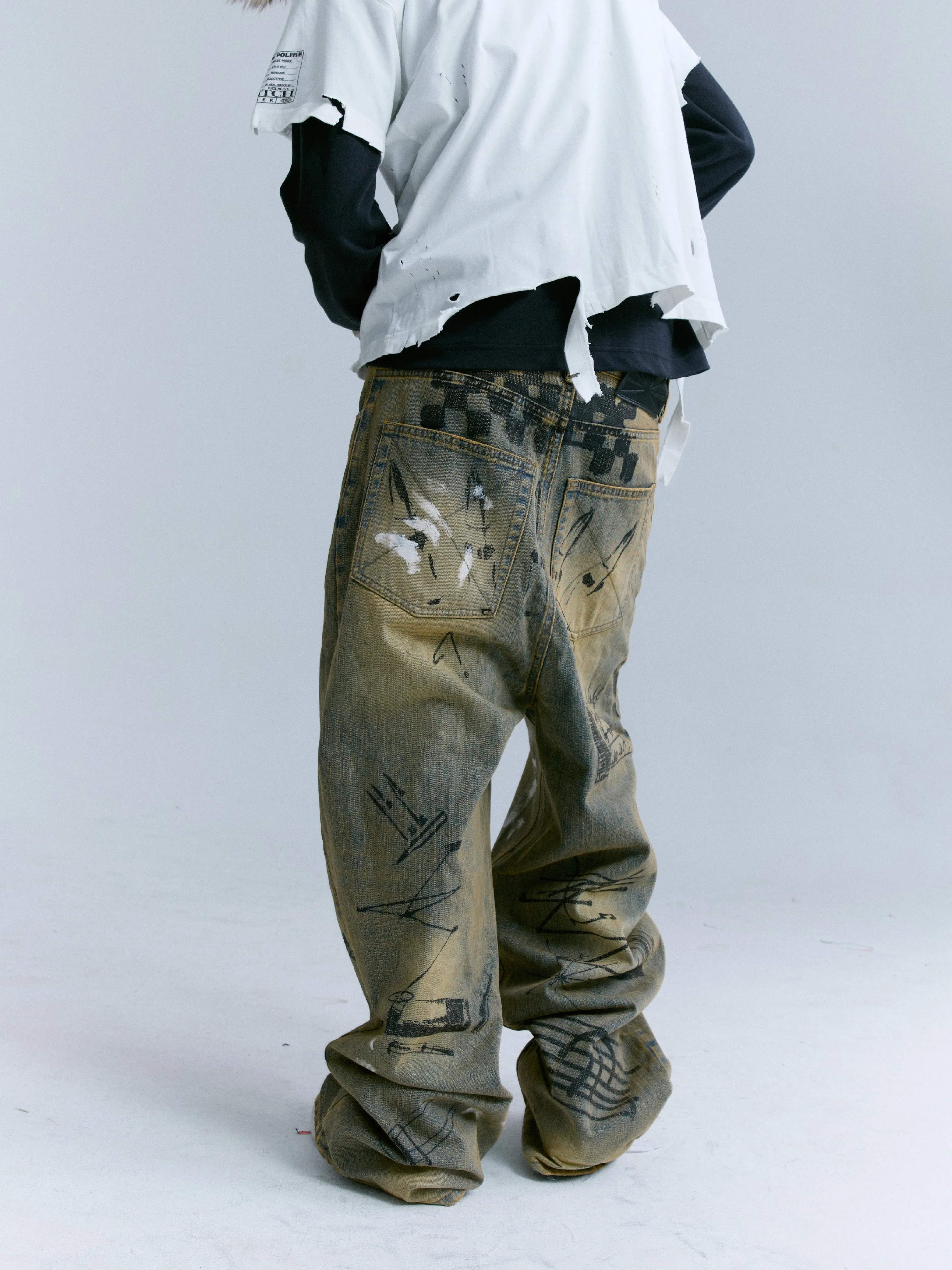 Washed Mud-dyed Graffiti Baggy Jeans