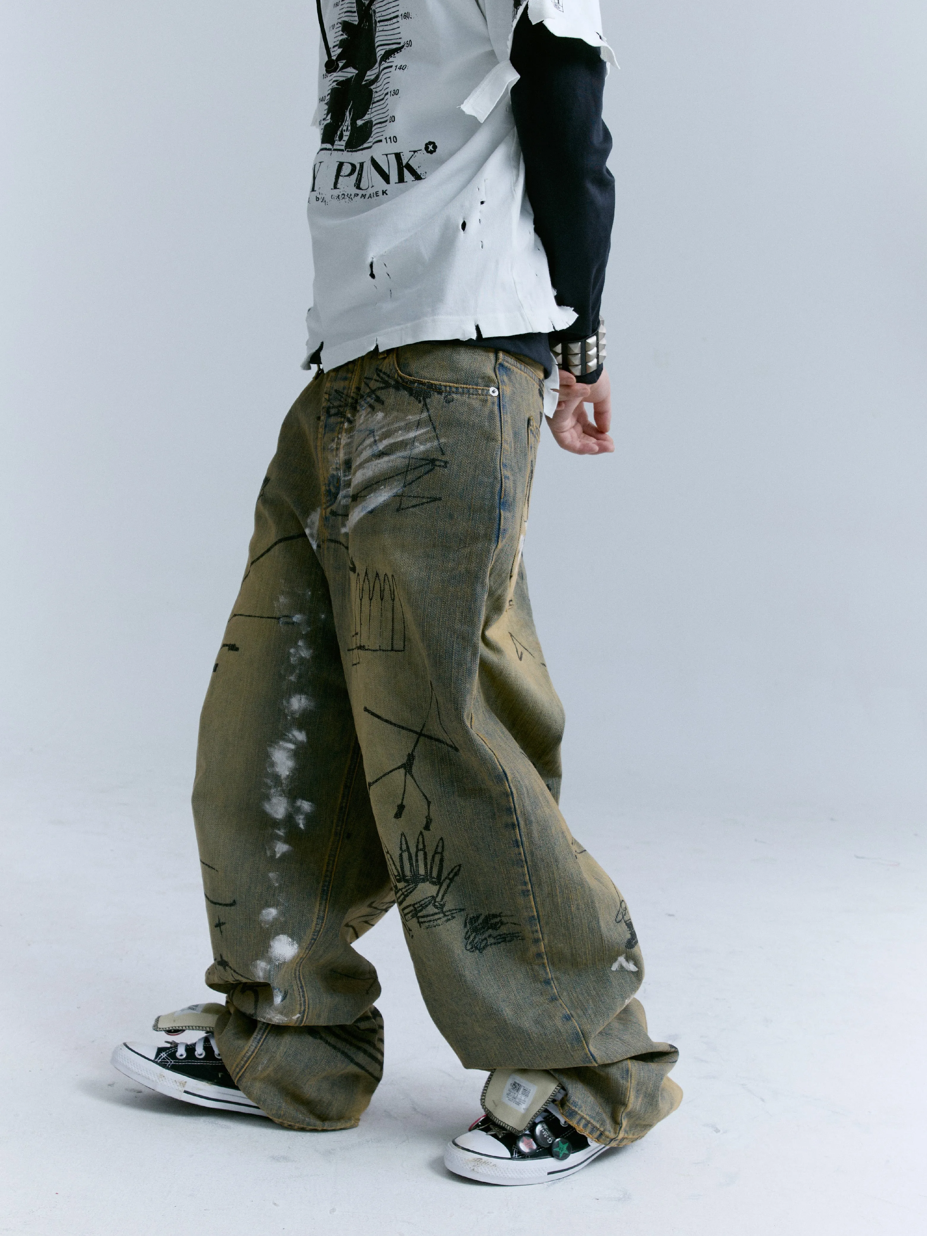 Washed Mud-dyed Graffiti Baggy Jeans
