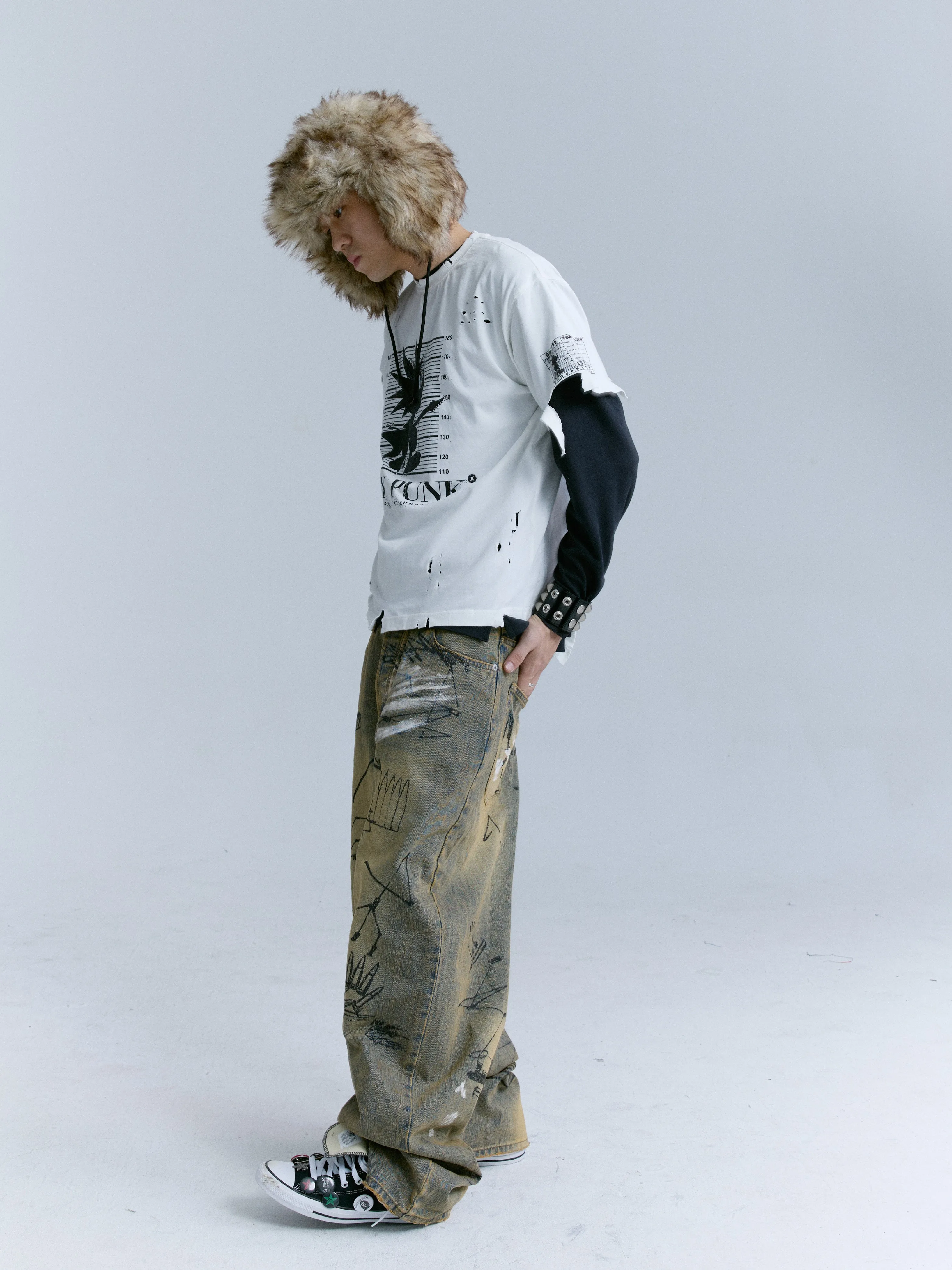 Washed Mud-dyed Graffiti Baggy Jeans