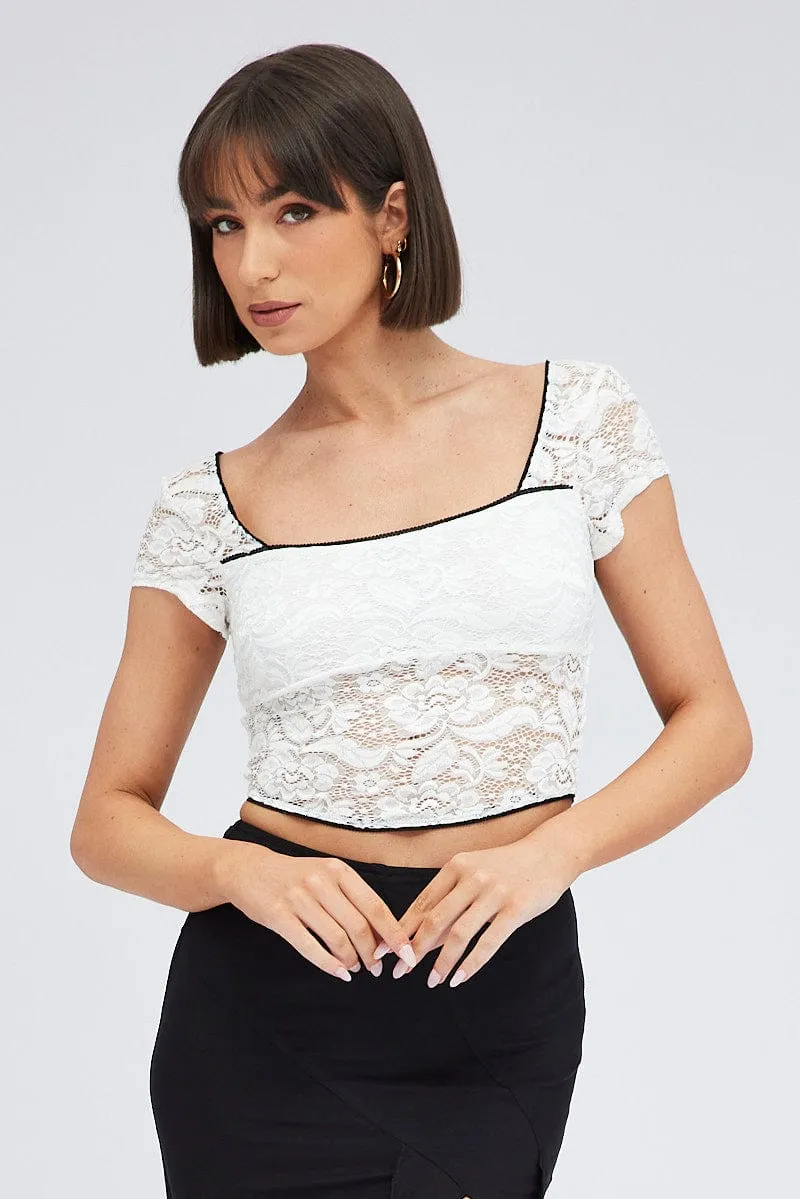 White Lace Top Cap Sleeve Square Neck Open Back Stretch