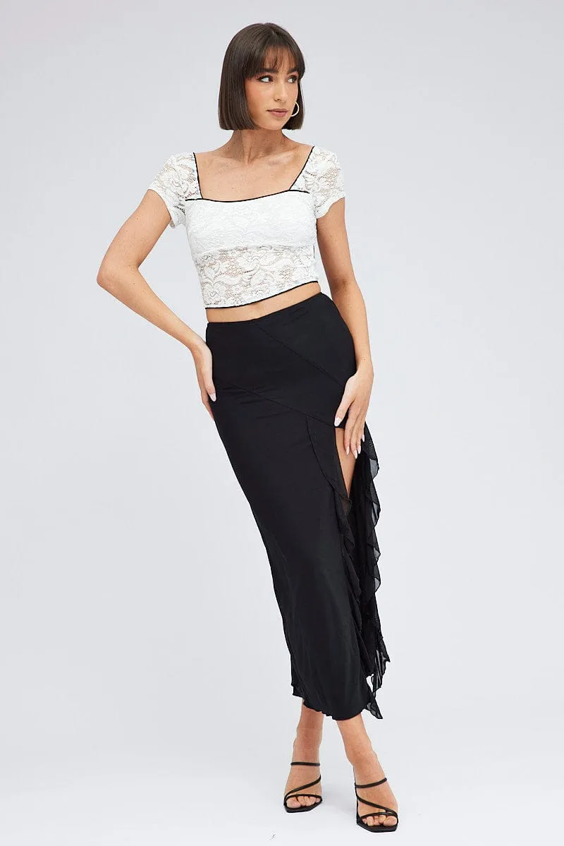 White Lace Top Cap Sleeve Square Neck Open Back Stretch