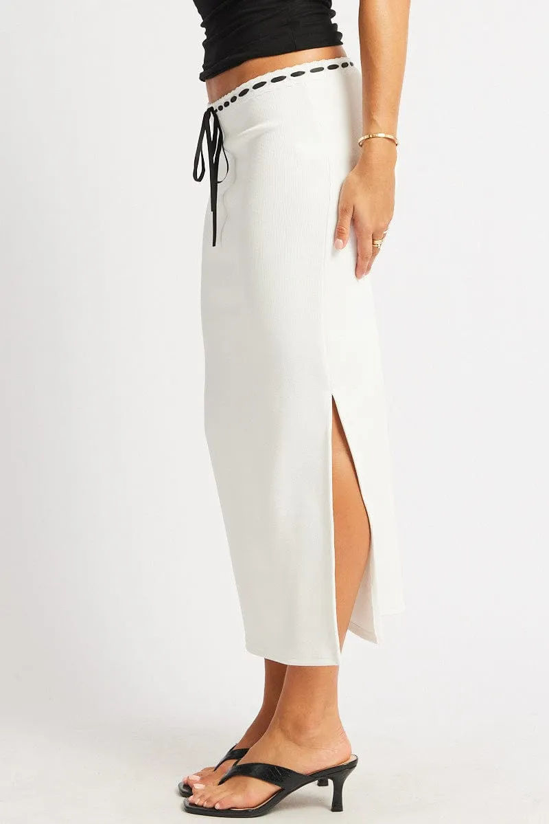 White Midi Skirt High Rise Lace Detail Rib Jersey