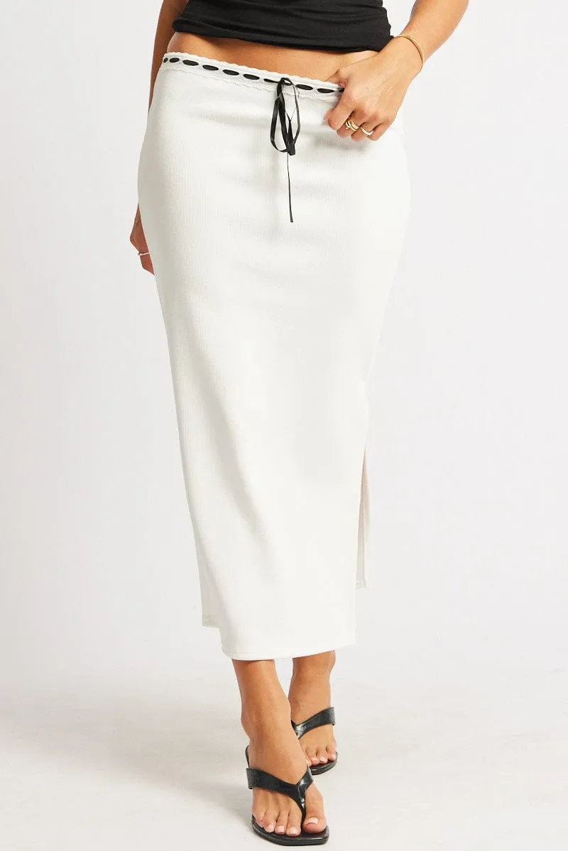 White Midi Skirt High Rise Lace Detail Rib Jersey
